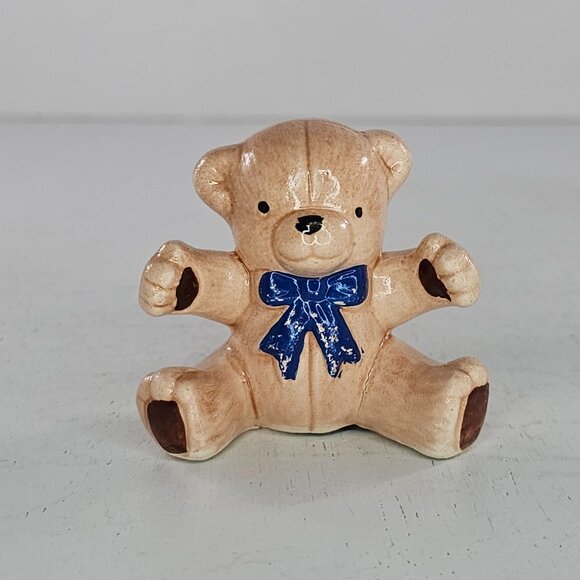 Vintage Ceramic Teddy Bear Miniature Figurine Set Red Blue Ribbon - Picture 7 of 8